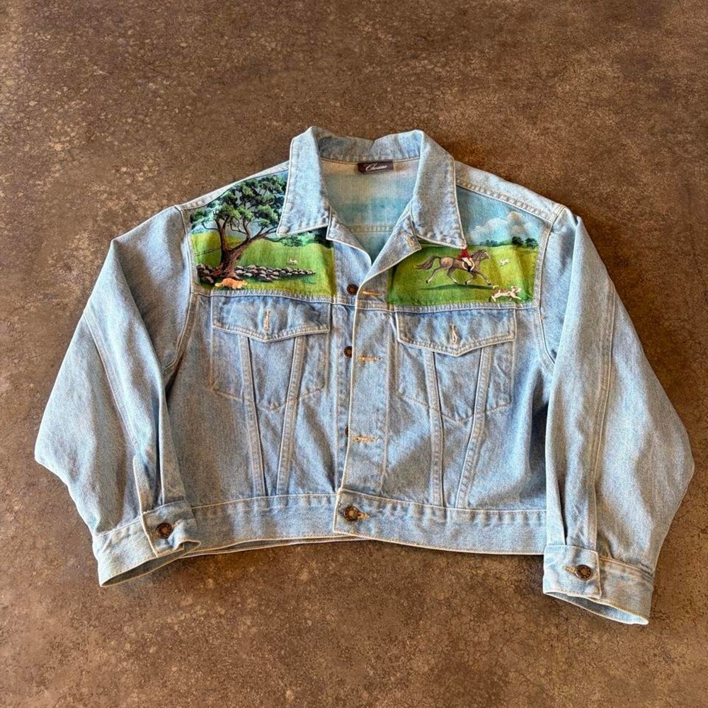 Christine Vintage 90s Equestrian Denim Jacket Blue Hand Painted Horse Scene L